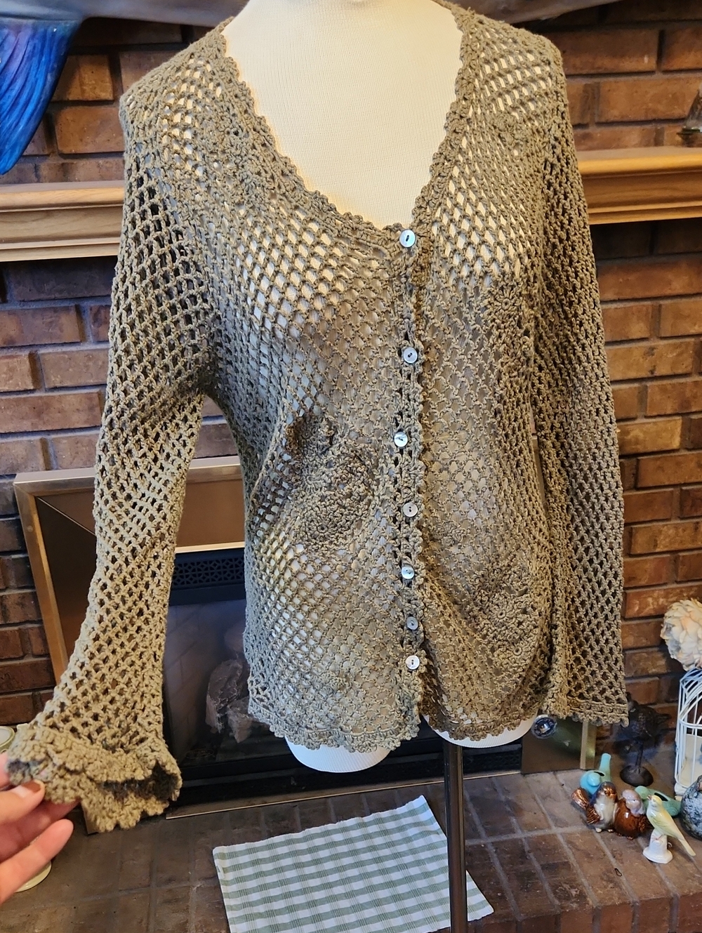 BGold Studio Sage Creen Open Knit Cardigan Shell Buttons Linen Cotton Blend XL